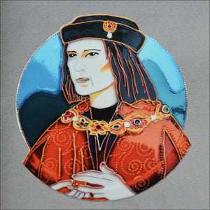 King Richard III portrait painted on glass and printed on a three inch sticker, a dark gold robe against a blue background