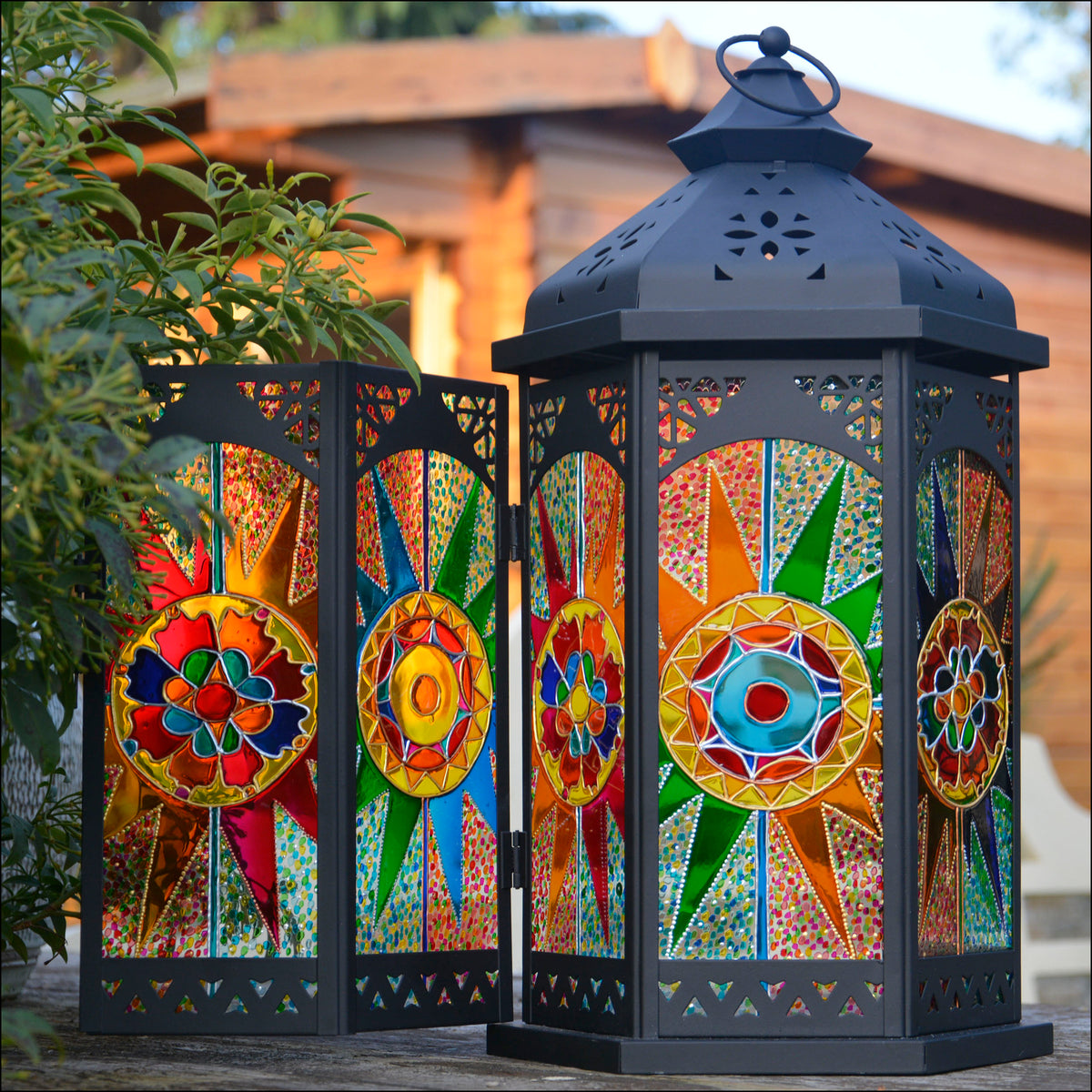 Small Gaudi Abstract Stained Glass Candle Lantern for Boho Home