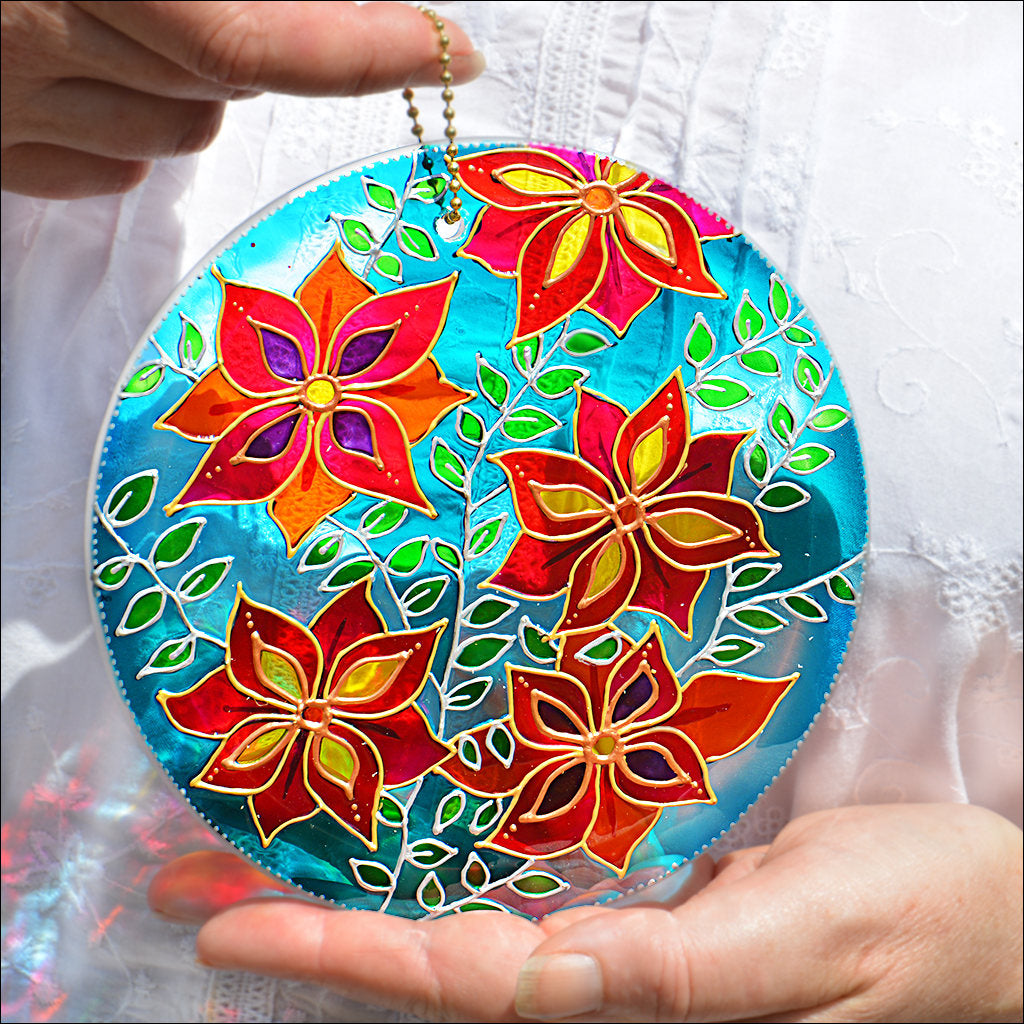 Teal, Blue, Turquoise Clematis Floral Window Art, Hanging Sun