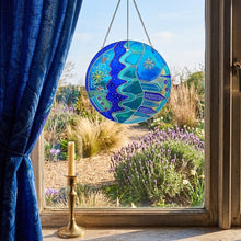 Stained Glass Folk Art Sun Catcher in Shades of Blue and Turquoise