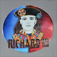 Circular sticker showing head & shoulders portrait of King Richard III against a red & blue background, RICHARD III in front
