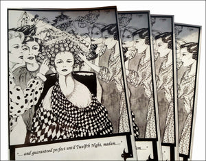 Set of 4 monochrome Christmas cards in Art Deco style - 4 hairdressers decorate a customer’s elaborate Xmas tree hair-do