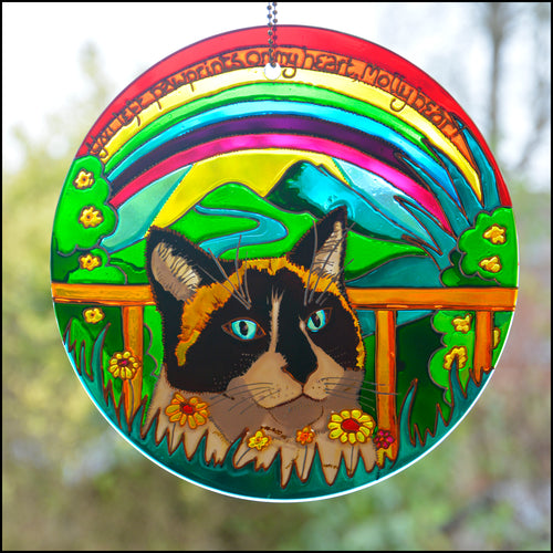 A large custom painted suncatcher with a stained glass portrait of a cat against mountains with a colourful rainbow overhead