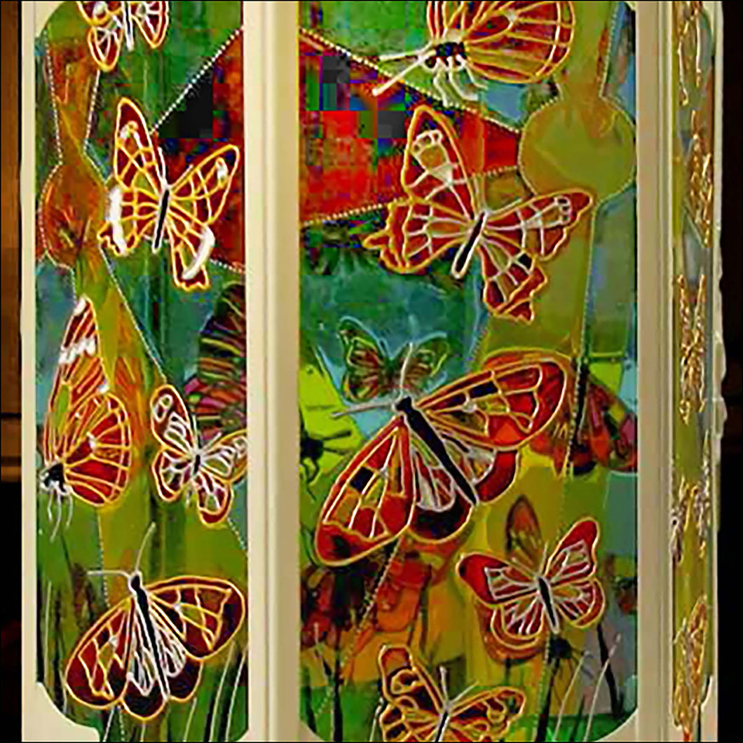 2 stained glass panels of a cream Moroccan lantern, hand painted with blue sky, sunshine & 10 multicoloured butterflies