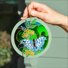 Blue Butterfly on Green Stained Glass Sun Catcher