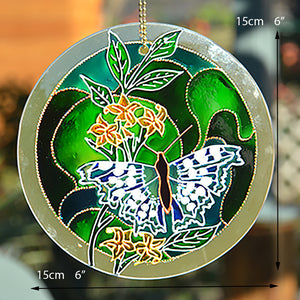 Blue Butterfly on Green Stained Glass Sun Catcher