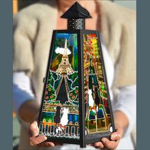 A pyramid candle lantern with colourful stained glass panels for a cat lover gift – a cat couple in Paris and on Broadway