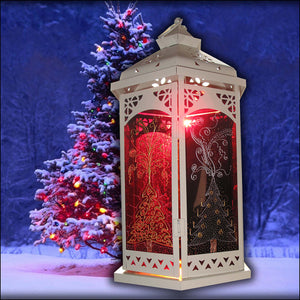 Holiday table decoration ideas, a Moroccan style candle lamp with gold & silver Christmas trees on red stained glass panels