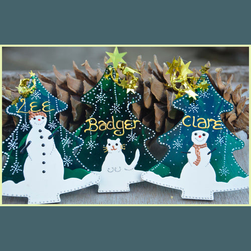 3 gift tags / baubles - green Christmas trees hand painted with snowmen in falling snow and personalised for family members