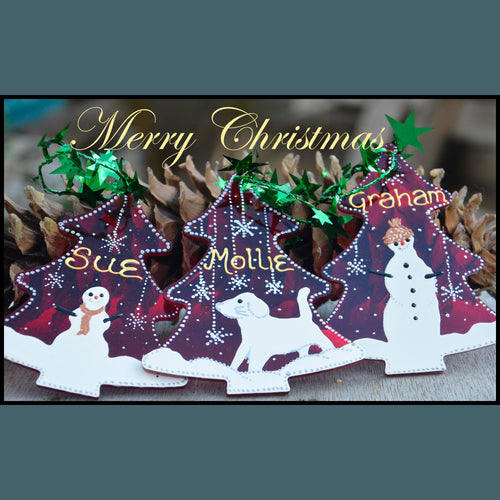 3 gift tags / baubles - red Christmas trees hand painted with snowmen in falling snow and personalised for family members