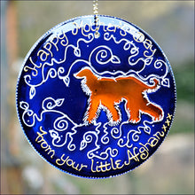 Happy Mothers Day suncatcher in rich blue and silver hand painted glass with picture of a golden Afghan hound. Dog owner gift