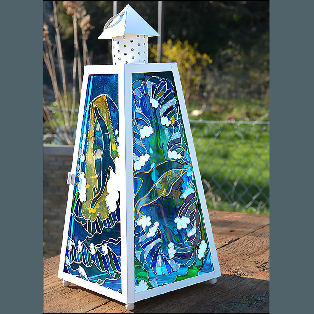 Something different for the garden, a tall candle lamp in shabby chic cream and stained glass panels featuring ocean dolphins