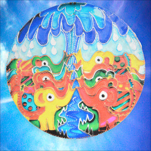 A round window cling featuring eight jewel colour baby elephants squirting blue water into the air as they enjoy a shower