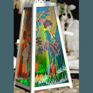 Pyramid candle lantern with radiant stained glass panels for garden or window – a Japanese geisha girl in Oriental garden