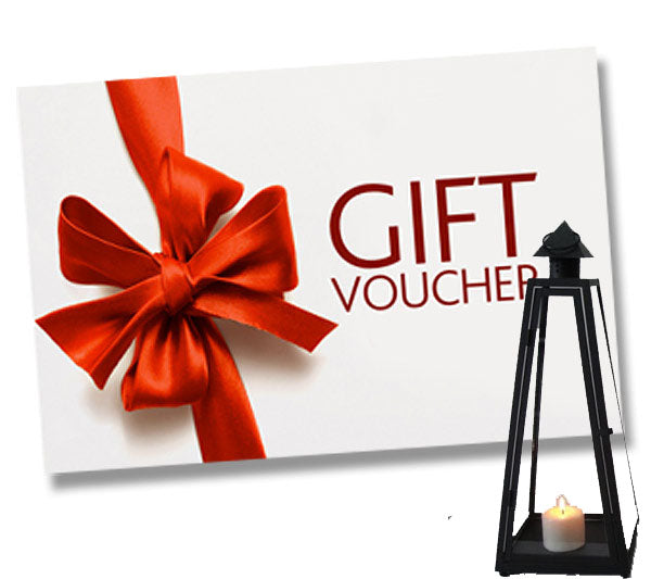 A gift voucher card for a large black pyramid shaped candle lantern for home and garden