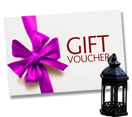 A gift voucher card for a small black Moroccan candle lantern for home and garden