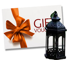 A gift voucher card for a large black Moroccan candle lantern for home and garden