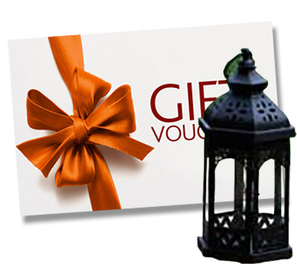 A gift voucher card for a large black Moroccan candle lantern for home and garden