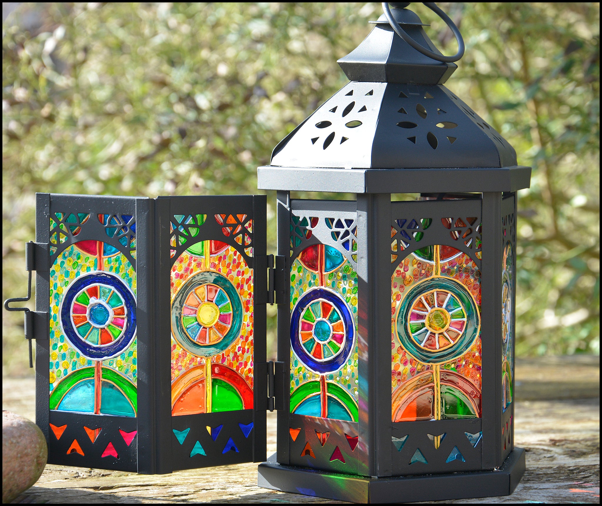 Small Gaudi Abstract Stained Glass Candle Lantern for Boho Home