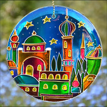 Stained glass circle hanging suncatcher by Ornately Lanterns painted with the colourful arches & minarets of a fairytale city