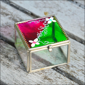 Tiny glass earrings or keepsake box with the lid hand painted in pink & green, patterned with white daisies & silver scrolls