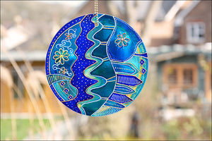 Stained Glass Folk Art Sun Catcher in Shades of Blue and Turquoise