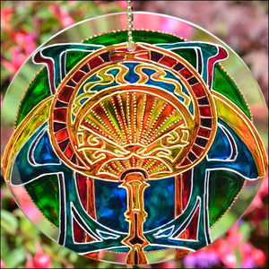 Hanging stained glass garden ornament with an Oriental Fan design in gold against a blue & green Art Nouveau style background