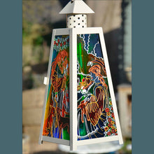Shabby chic cream stained glass garden lantern hand painted with colourful Pre-Raphaelite style women in romantic settings