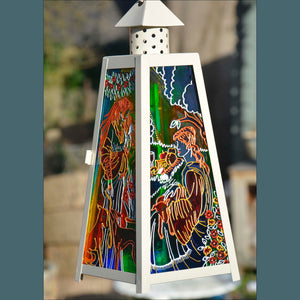 Shabby chic cream stained glass garden lantern hand painted with colourful Pre-Raphaelite style women in romantic settings