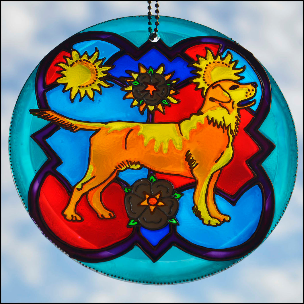 A stained glass suncatcher memorial personalised for any Ricardian pet in murray red & blue with Richard III’s livery emblems