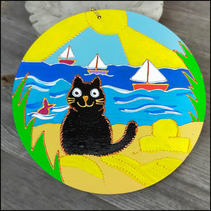 Wooden Wall Hanging - Cute Cat at the Seaside