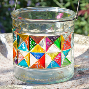 Something different for the garden, a clear candle lamp with a colourful geometric stained glass decoration in art deco style