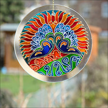 Art Nouveau Peacock Tail Sun Catcher in Red & Gold