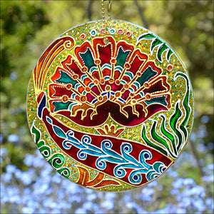 Hanging suncatcher for home & garden - William de Morgan style peony flower in red & blue on gold & green hand painted glass